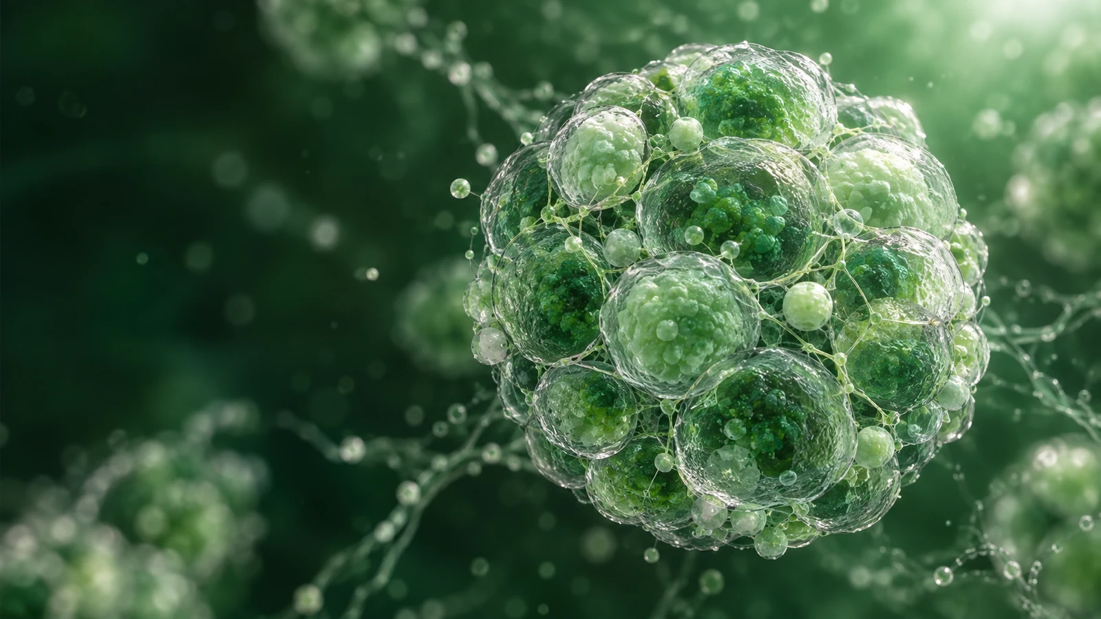 Conceptual translucent green cell cluster illustrating the biological focus of diabetes research